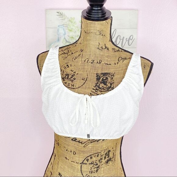 Zara Textured Cotton Linen Blend Smocked Back Crop Top White Large NWT - Picture 2 of 12